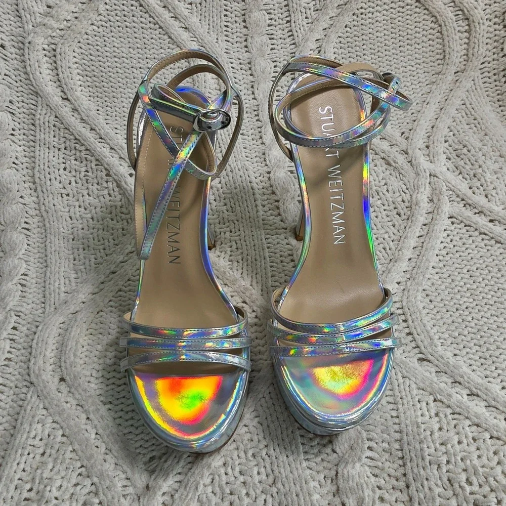 Stuart Weitzman‎ Soiree 145 Platform Silver Holographic Heels Sandals 7.5 NEW